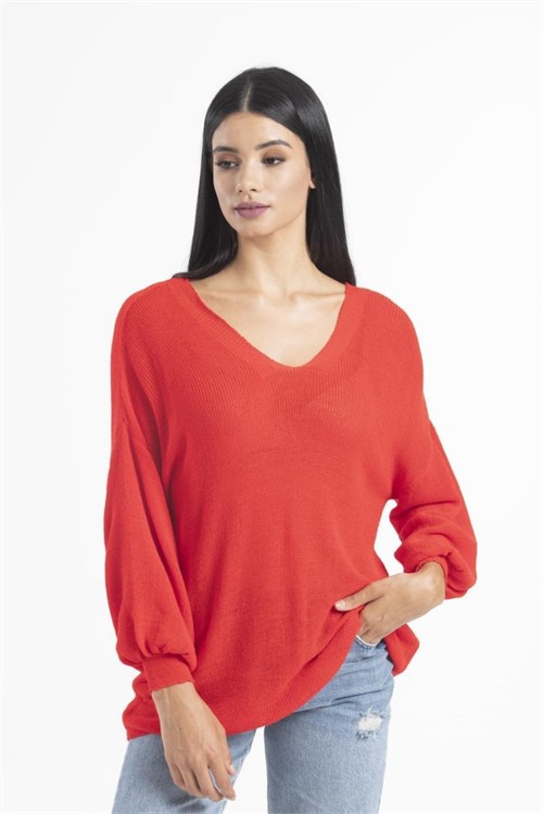 Wholesale Womens Red Relaxed-Fit Mercerized Knit Sweater with Front and Back V-Neck