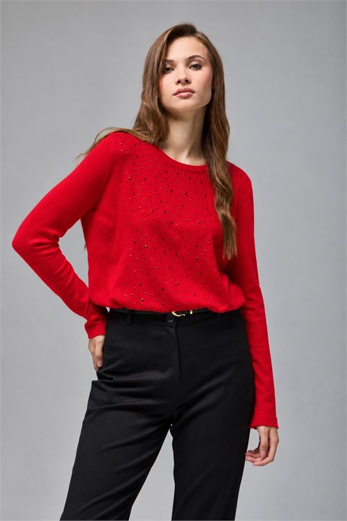 Wholesale Womens Red Rhinestone-Embellished Crew-Neck Knit Sweater