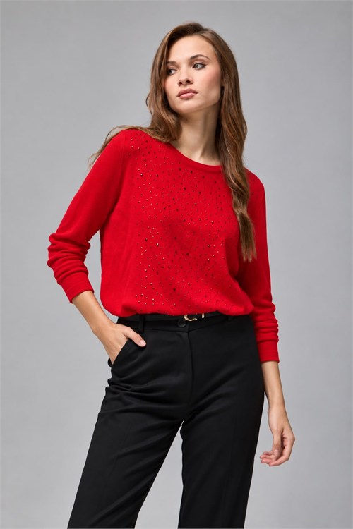 Wholesale Womens Red Rhinestone-Embellished Crew-Neck Knit Sweater