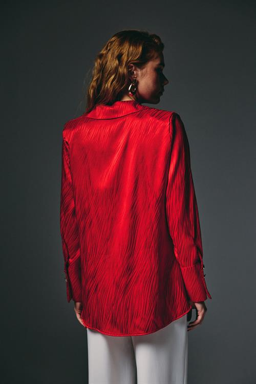 Wholesale Womens Red Satin Jacquard Shirt with Wide Buttoned Cuffs