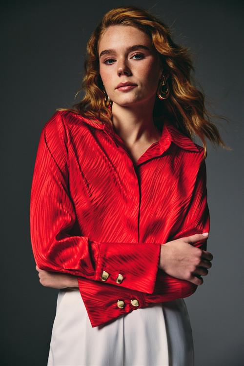 Wholesale Womens Red Satin Jacquard Shirt with Wide Buttoned Cuffs