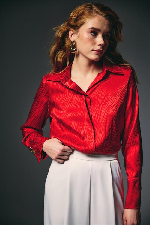 Wholesale Womens Red Satin Jacquard Shirt with Wide Buttoned Cuffs