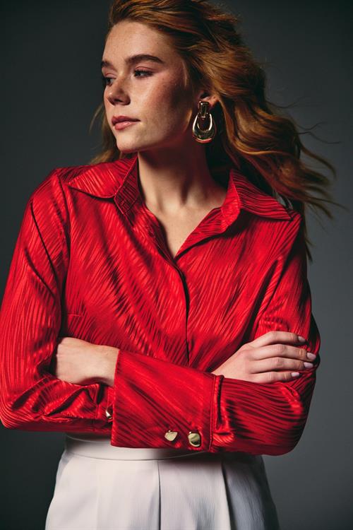 Wholesale Womens Red Satin Jacquard Shirt with Wide Buttoned Cuffs