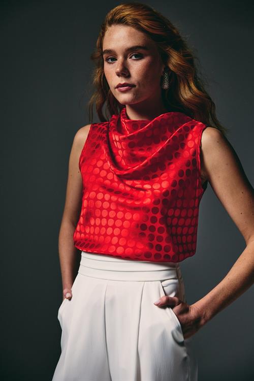 Wholesale Womens Red Satin Jacquard Sleeveless Blouse