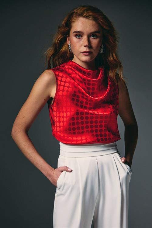 Wholesale Womens Red Satin Jacquard Sleeveless Blouse