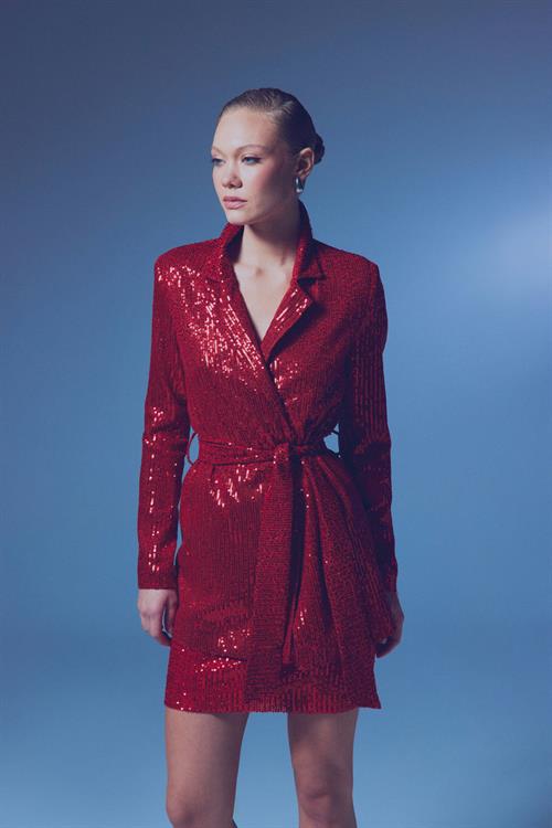Wholesale Womens Red Sequined Jacket with Sash