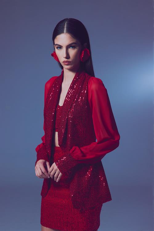 Wholesale Womens Red Sequined Jacket with Chiffon Bishop Sleeves