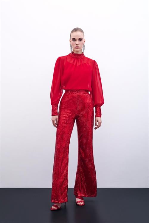 Wholesale Womens Red Sequined Loose-Fit Trousers