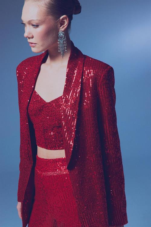 Wholesale Womens Red Sequined Loose-Fit Blazer