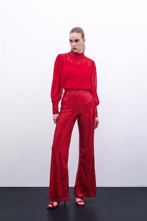 Wholesale Womens Red Sequined Loose-Fit Trousers