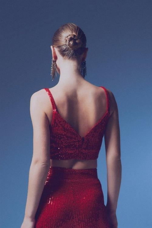 Wholesale Womens Red Sequined Strappy Crop Top