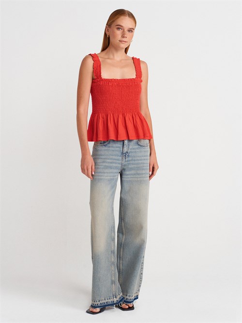 Wholesale Womens Red Shirred Strappy Blouse