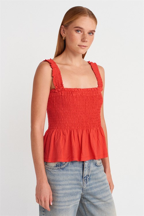 Wholesale Womens Red Shirred Strappy Blouse