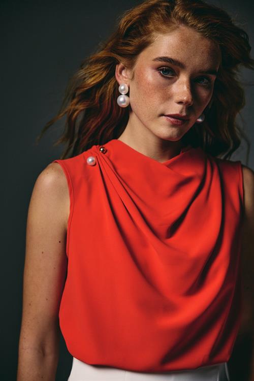 Wholesale Womens Red Sleeveless Blouse with Pearl Embellishment