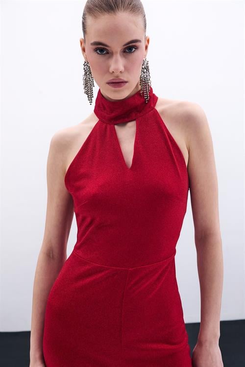Wholesale Womens Red Sleeveless Mock-Neck Lurex Jumpsuit