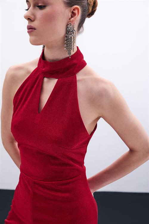 Wholesale Womens Red Sleeveless Mock-Neck Lurex Jumpsuit