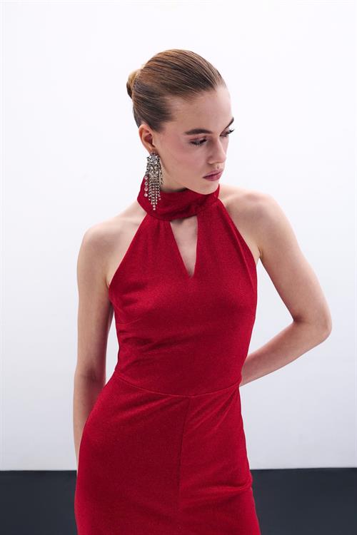 Wholesale Womens Red Sleeveless Mock-Neck Lurex Jumpsuit
