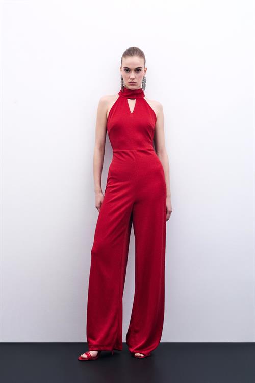 Wholesale Womens Red Sleeveless Mock-Neck Lurex Jumpsuit