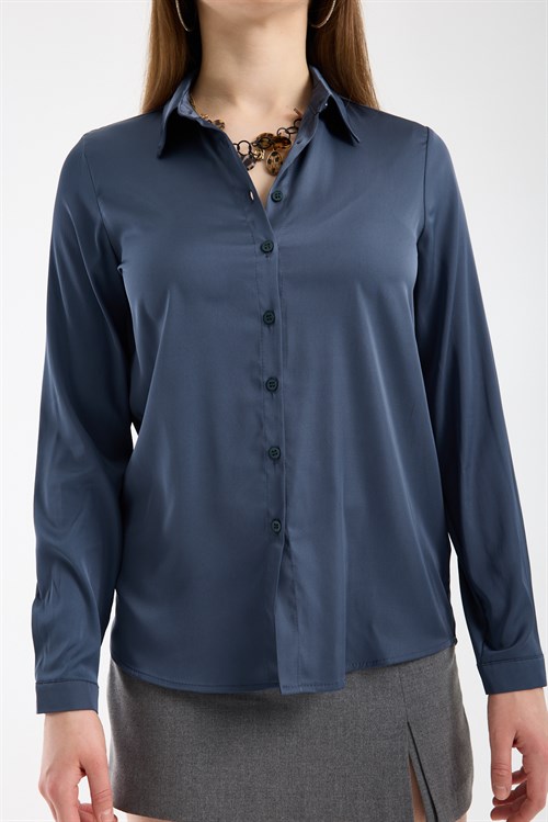 Wholesale Womens Royal Blue Satin Long-Sleeve Shirt