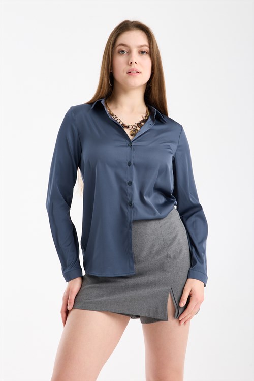 Wholesale Womens Royal Blue Satin Long-Sleeve Shirt