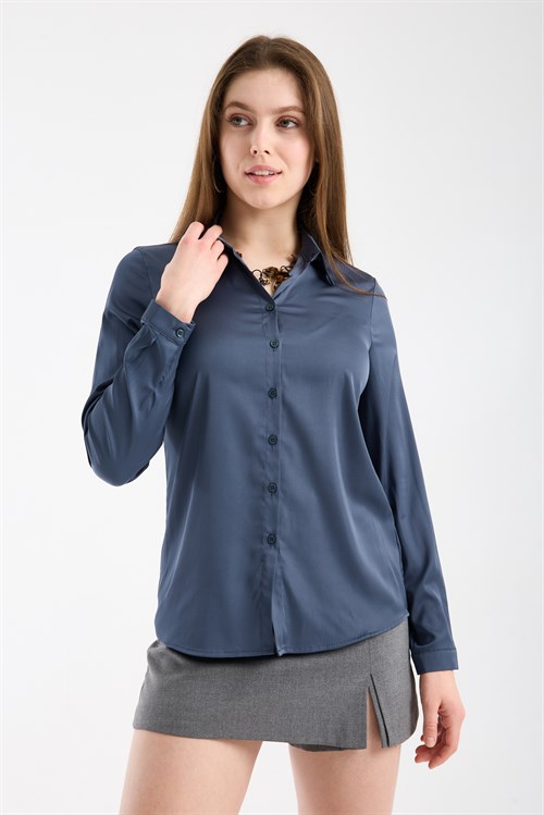Wholesale Womens Royal Blue Satin Long-Sleeve Shirt