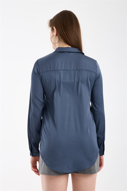 Wholesale Womens Royal Blue Satin Long-Sleeve Shirt