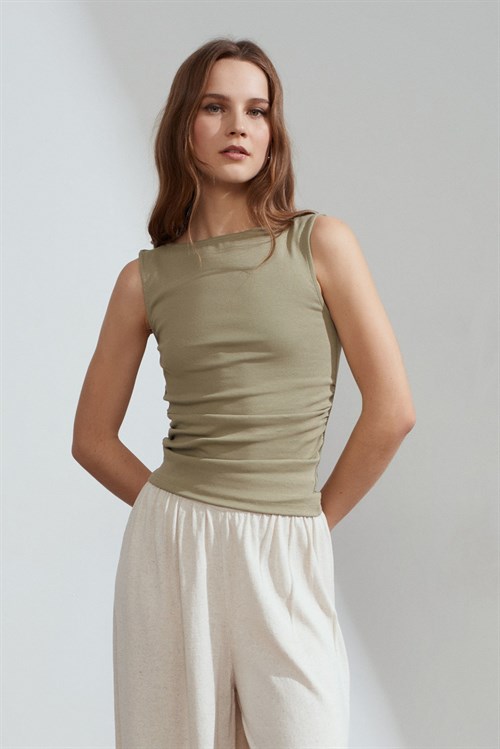 Wholesale Womens Sage Side Gathered Boat-Neck Top