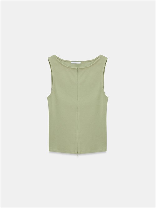 Wholesale Womens Sage Sleeveless Top with Two-Way Zipper