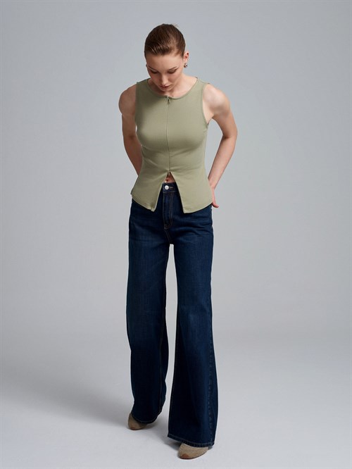 Wholesale Womens Sage Sleeveless Top with Two-Way Zipper