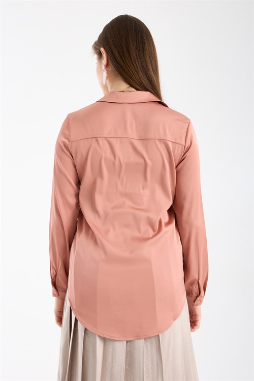 Wholesale Womens Salmon Satin Long-Sleeve Shirt