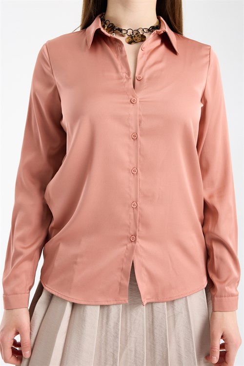 Wholesale Womens Salmon Satin Long-Sleeve Shirt