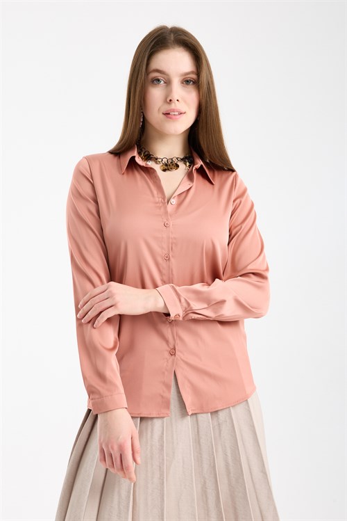 Wholesale Womens Salmon Satin Long-Sleeve Shirt