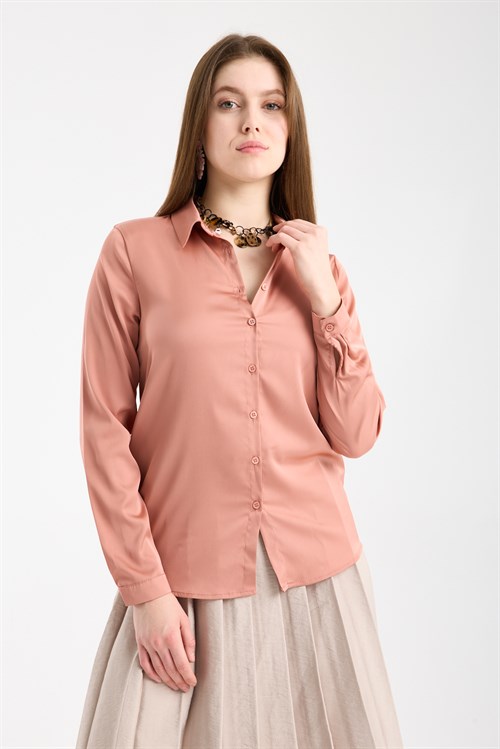 Wholesale Womens Salmon Satin Long-Sleeve Shirt