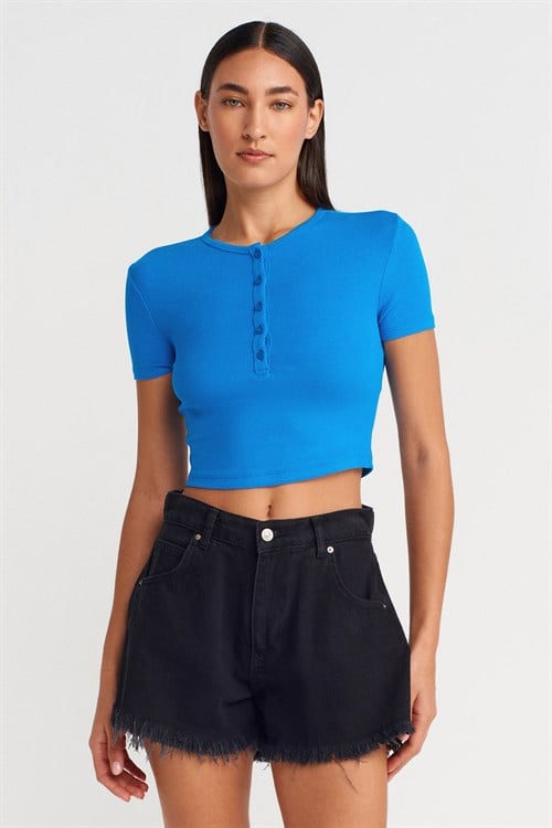 Wholesale Womens Sax Blue Crop T-Shirt with Button-Up Half Placket