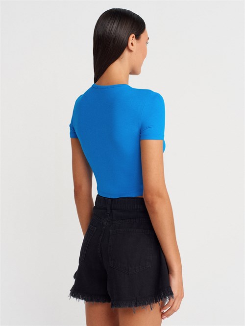 Wholesale Womens Sax Blue Crop T-Shirt with Button-Up Half Placket