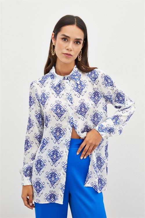 Wholesale Womens Sax Blue Loose-Fit Patterned Shirt