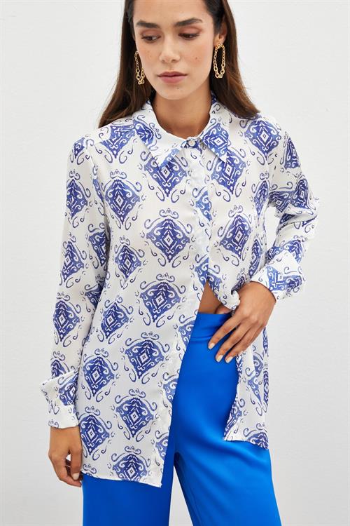 Wholesale Womens Sax Blue Loose-Fit Patterned Shirt