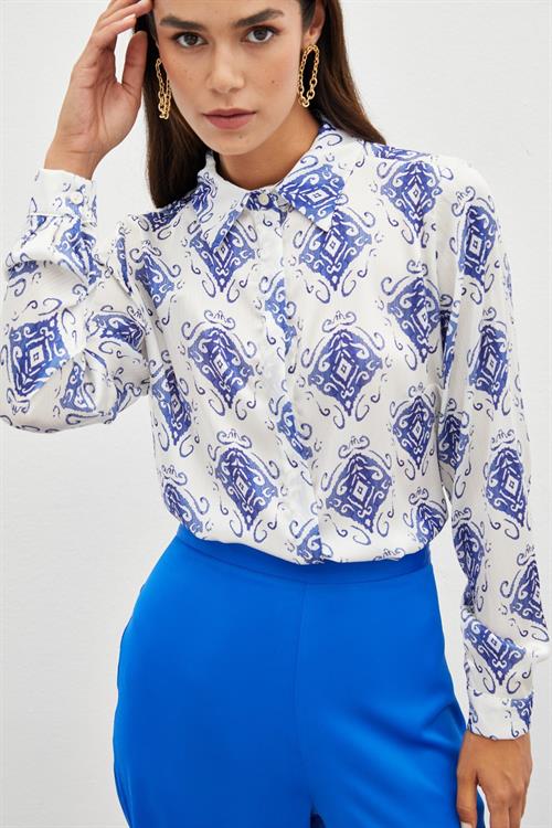 Wholesale Womens Sax Blue Loose-Fit Patterned Shirt