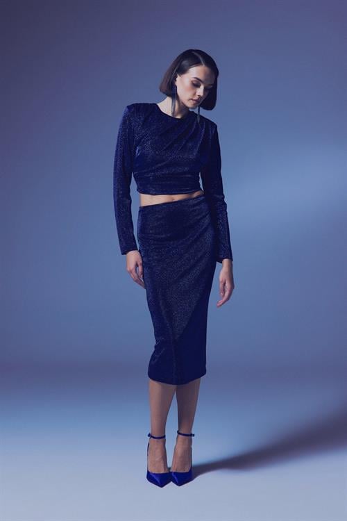 Wholesale Womens Sax Blue Lurex Midi Pencil Skirt
