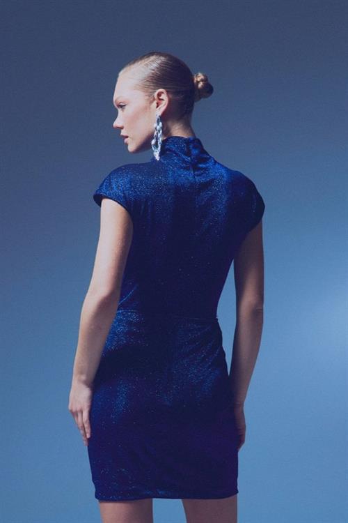 Wholesale Womens Sax Blue Lurex Mock-Neck Bodysuit