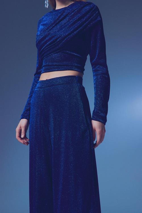 Wholesale Womens Sax Blue Lurex Wide-Leg Trousers