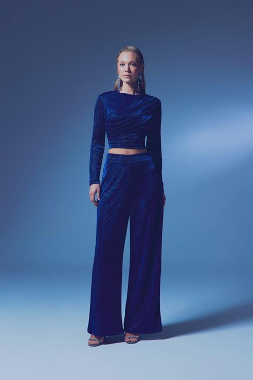 Wholesale Womens Sax Blue Lurex Wide-Leg Trousers