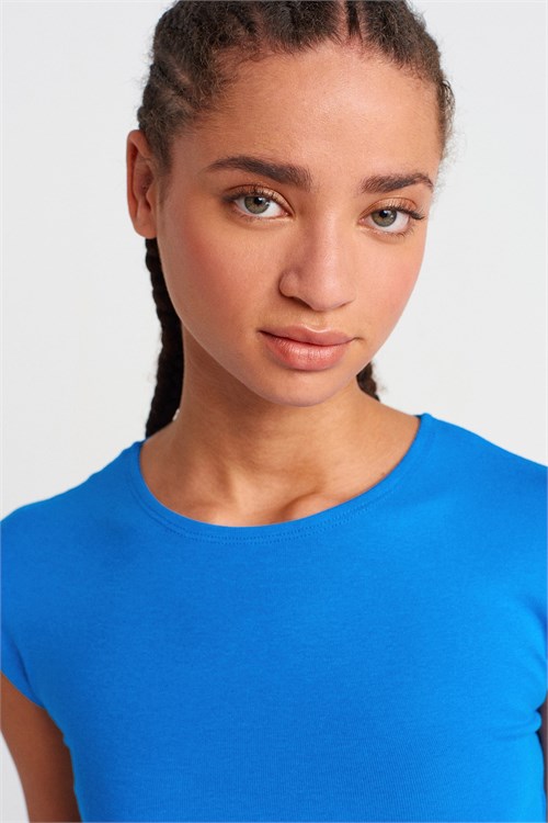 Wholesale Womens Sax Blue Modal-Cotton Cropped T-Shirt