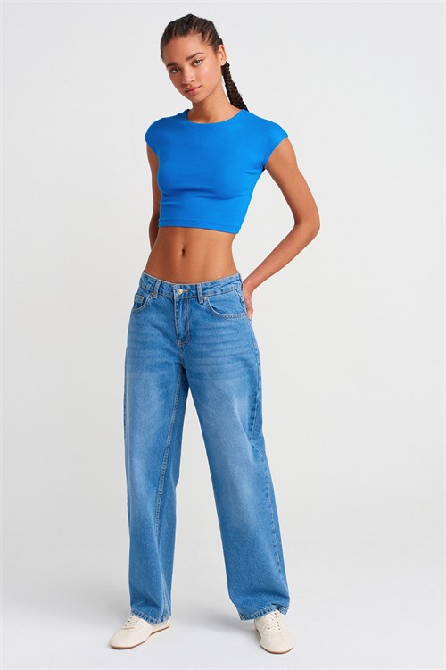 Wholesale Womens Sax Blue Modal-Cotton Cropped T-Shirt