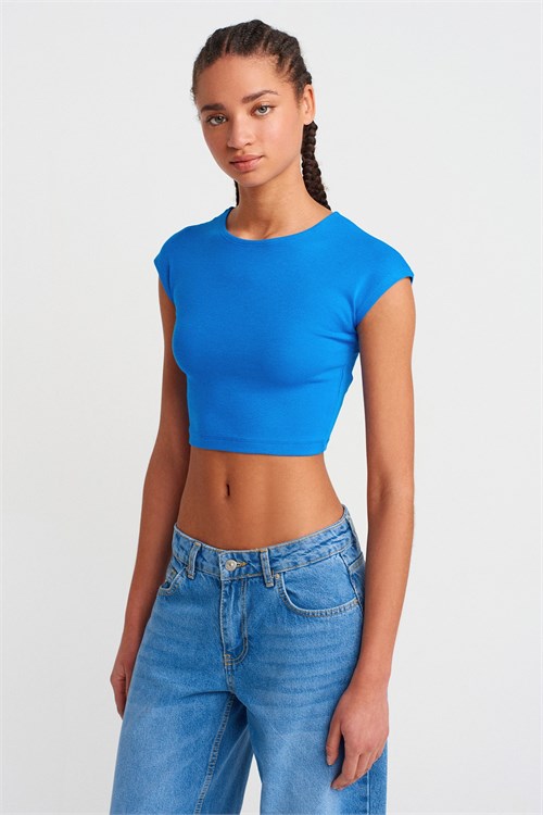 Wholesale Womens Sax Blue Modal-Cotton Cropped T-Shirt