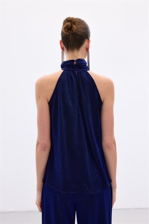 Wholesale Womens Sax Blue Sleeveless Mock-Neck Lurex Blouse