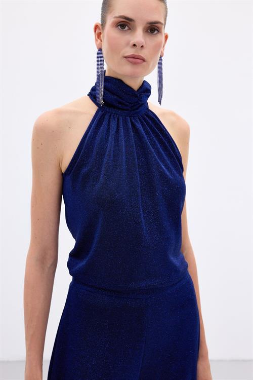 Wholesale Womens Sax Blue Sleeveless Mock-Neck Lurex Blouse