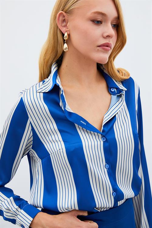 Wholesale Womens Sax Blue Striped Shirt