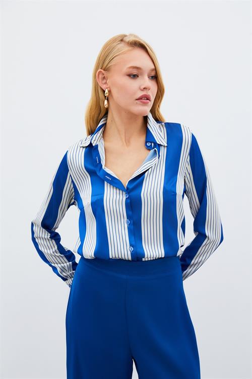 Wholesale Womens Sax Blue Striped Shirt