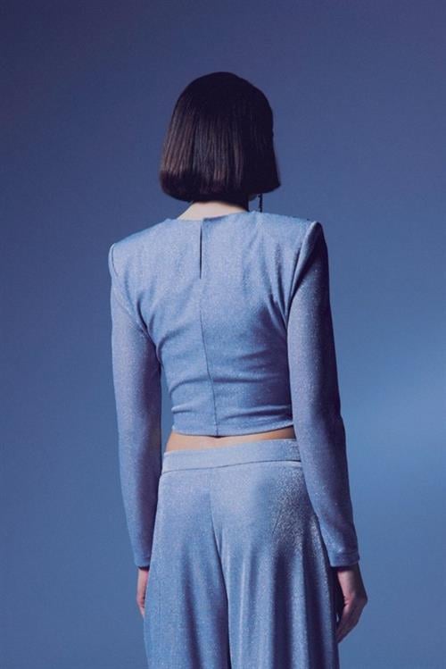 Wholesale Womens Silver Lurex Long-Sleeve Blouse with Shoulder Pads